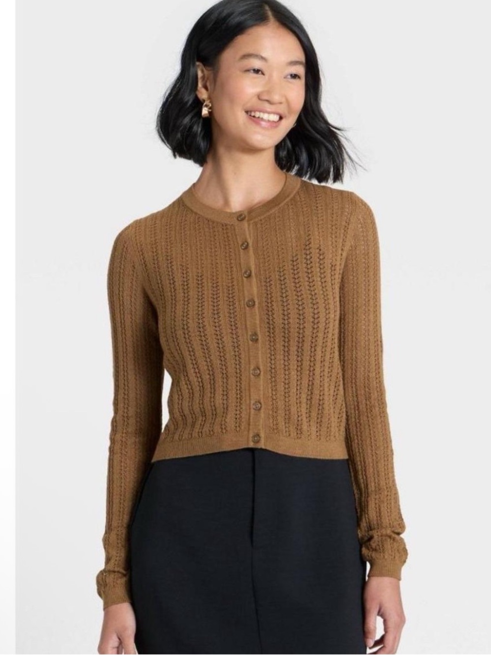 a new day Brown Pointelle Open-Knit Button Cardigan
